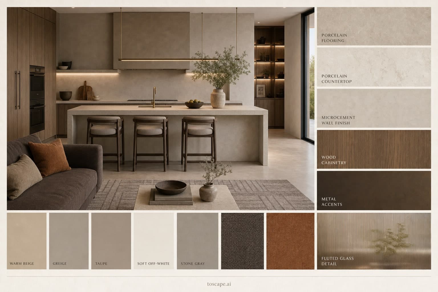 Modern Warm Neutral Kitchen — Satin interior moodboard plate