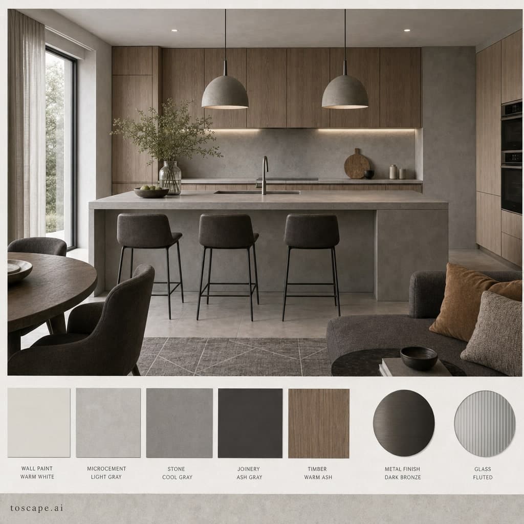 Modern Cool Neutral Kitchen — Satin interior moodboard card