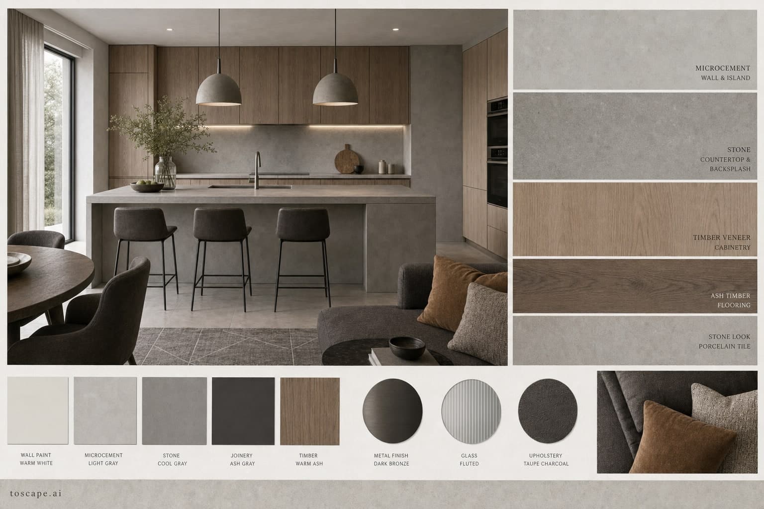 Modern Cool Neutral Kitchen — Satin interior moodboard plate