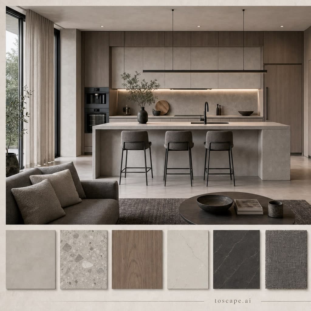 Modern Cool Neutral Kitchen — Brushed Metal interior moodboard card