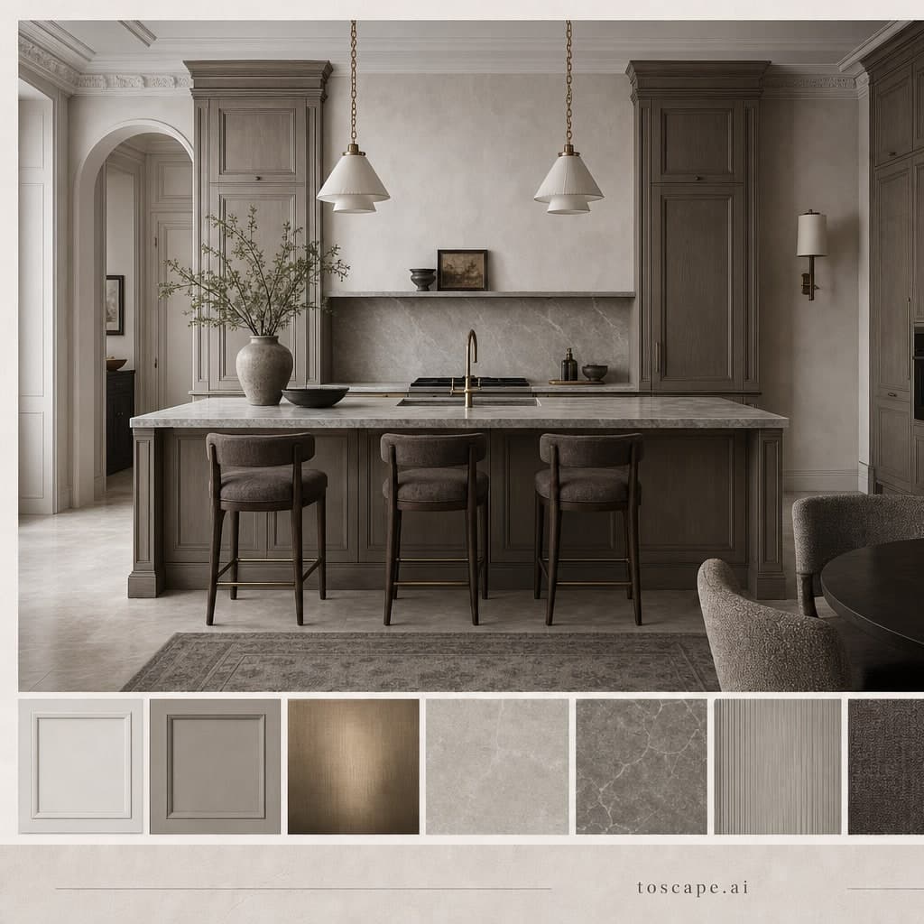 Neoclassic Cool Neutral Kitchen — Matte interior moodboard card