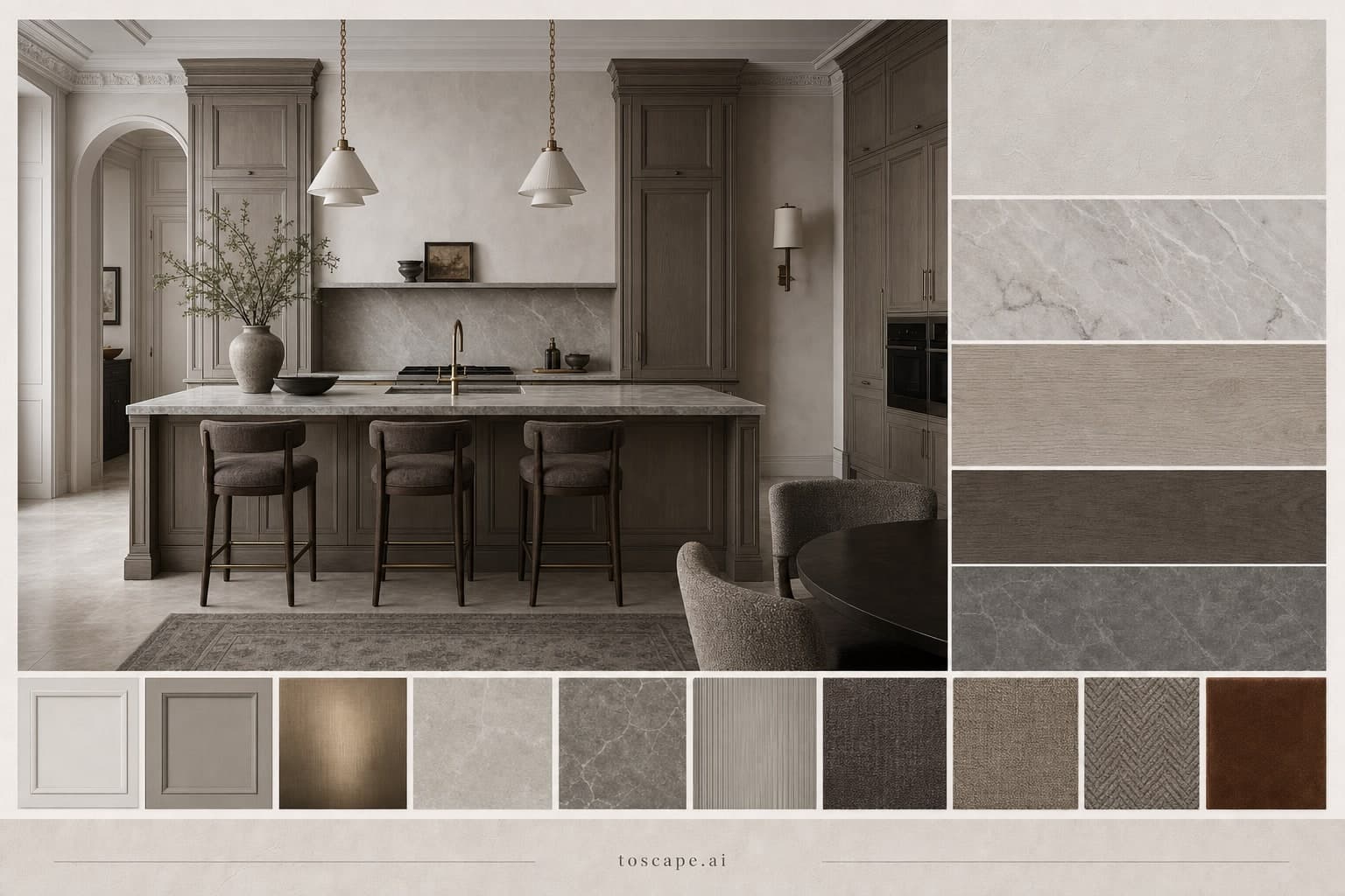 Neoclassic Cool Neutral Kitchen — Matte interior moodboard plate