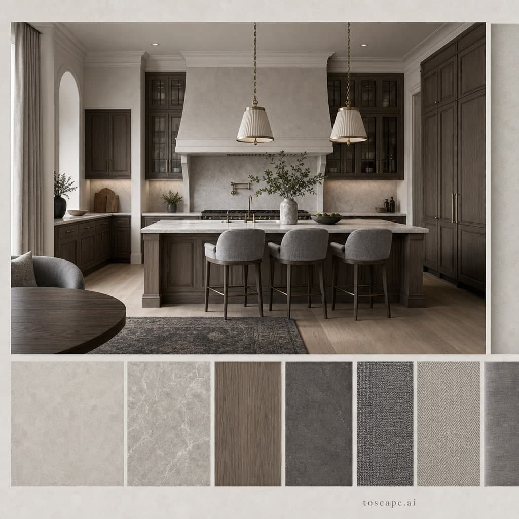 Neoclassic Cool Neutral Kitchen — Honed Stone interior moodboard card