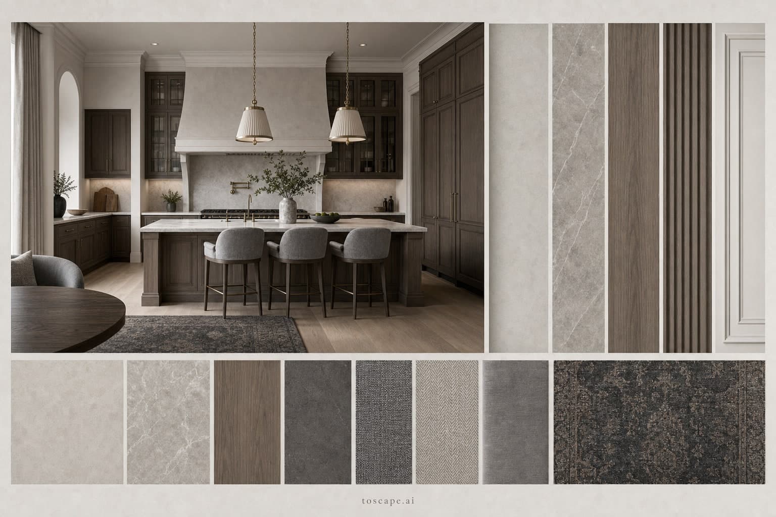 Neoclassic Cool Neutral Kitchen — Honed Stone interior moodboard plate