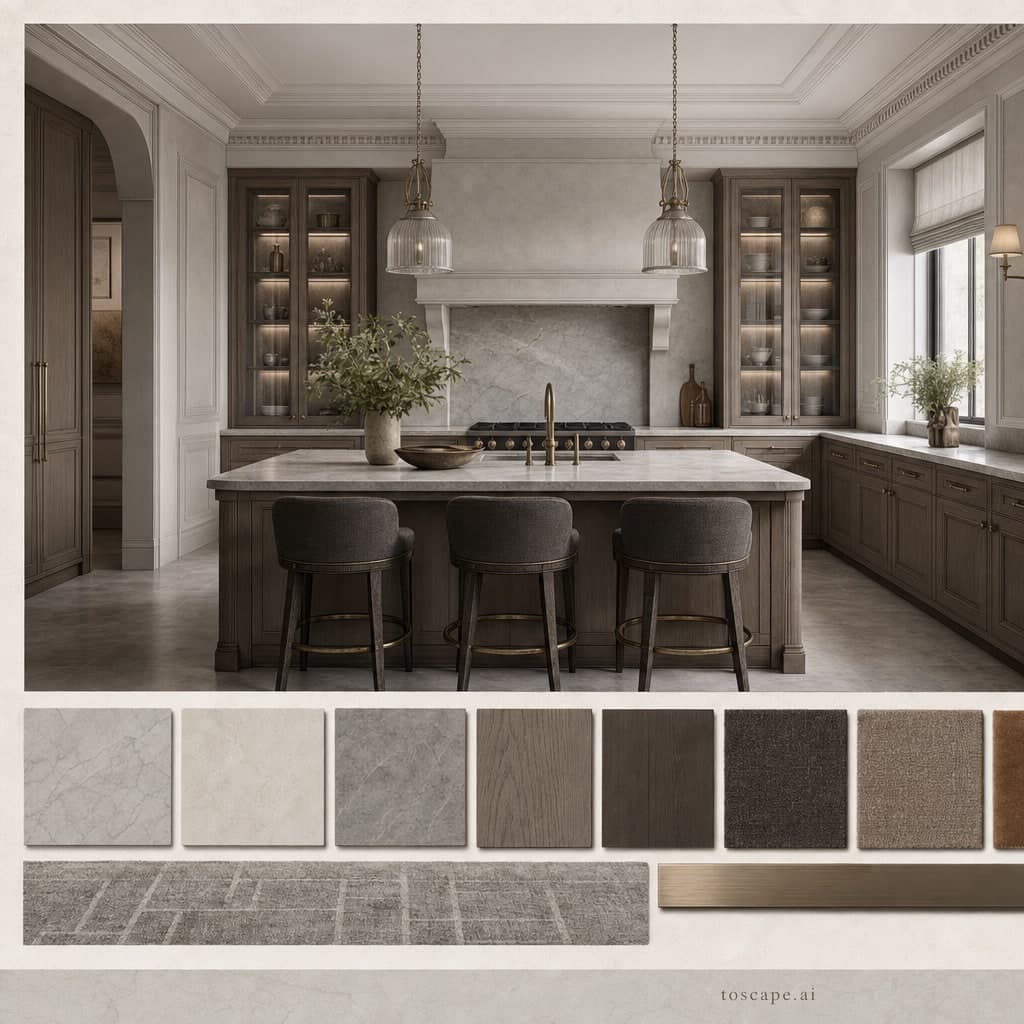 Neoclassic Cool Neutral Kitchen — Matte interior moodboard card