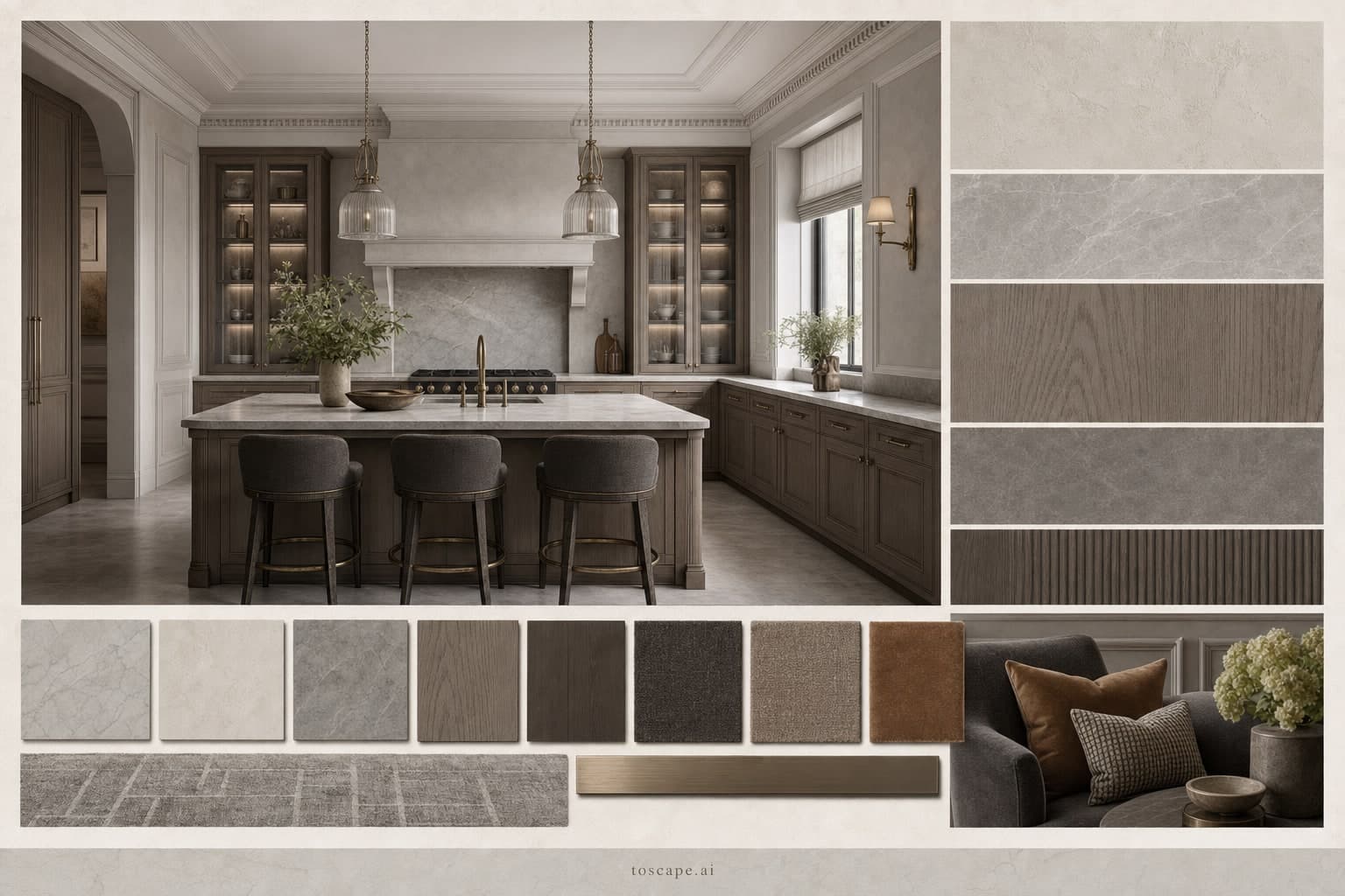Neoclassic Cool Neutral Kitchen — Matte interior moodboard plate