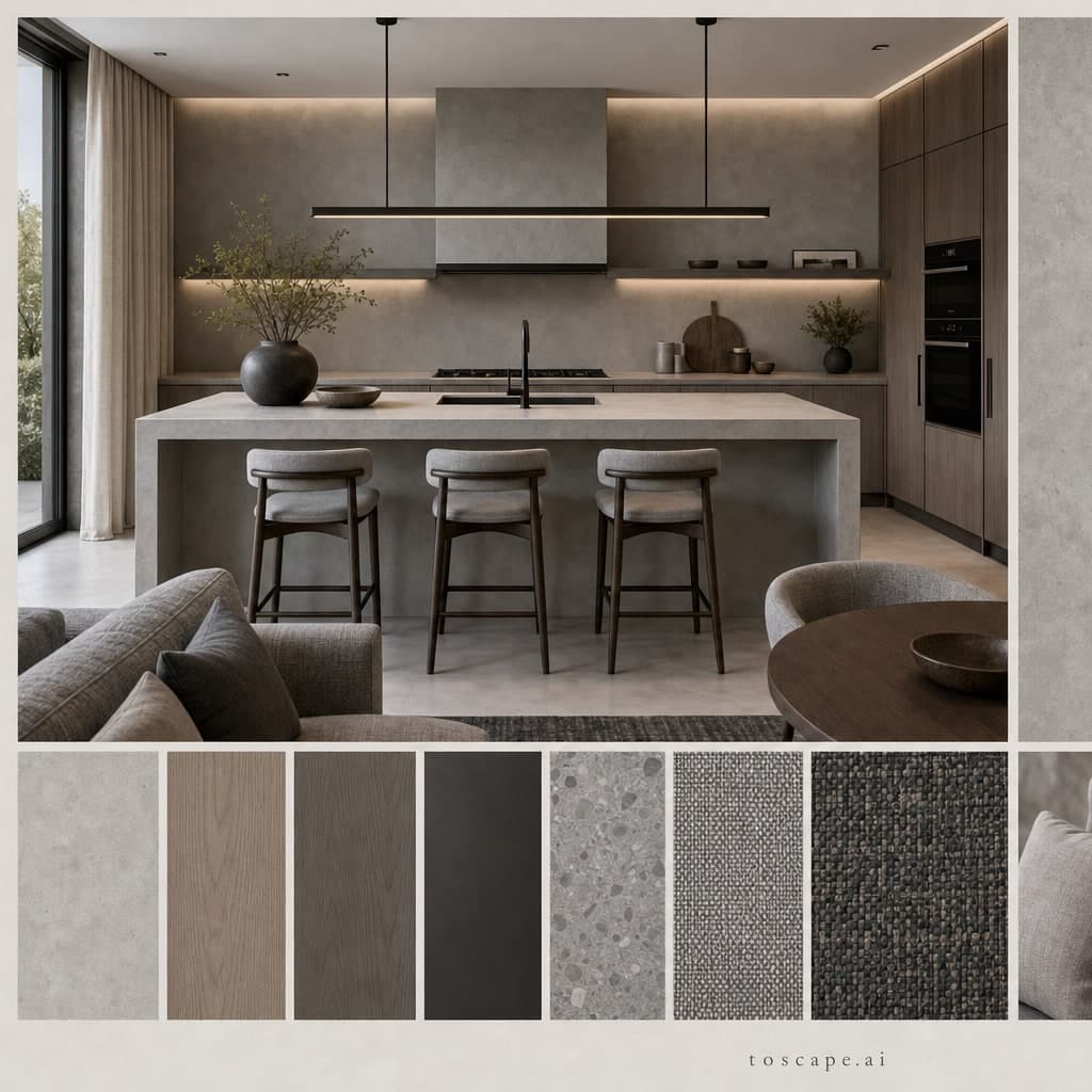 Modern Cool Neutral Kitchen — Brushed Metal interior moodboard card