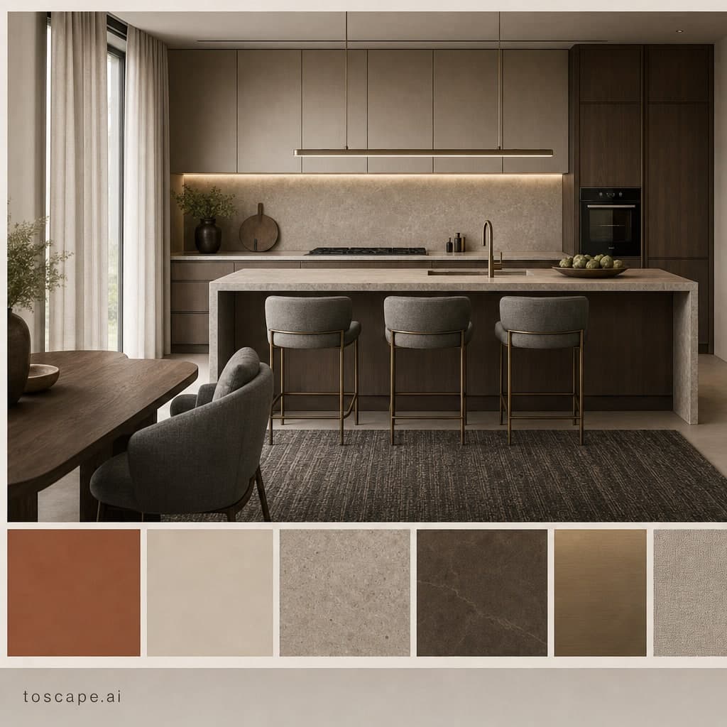 Modern Earth Organic Kitchen — Brushed Metal interior moodboard card