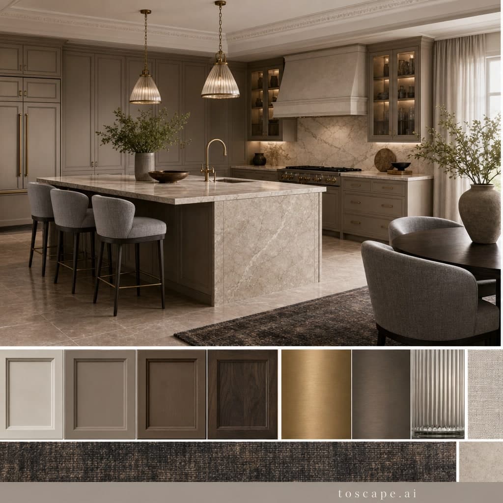 Neoclassic Earth Organic Kitchen — Honed Stone interior moodboard card