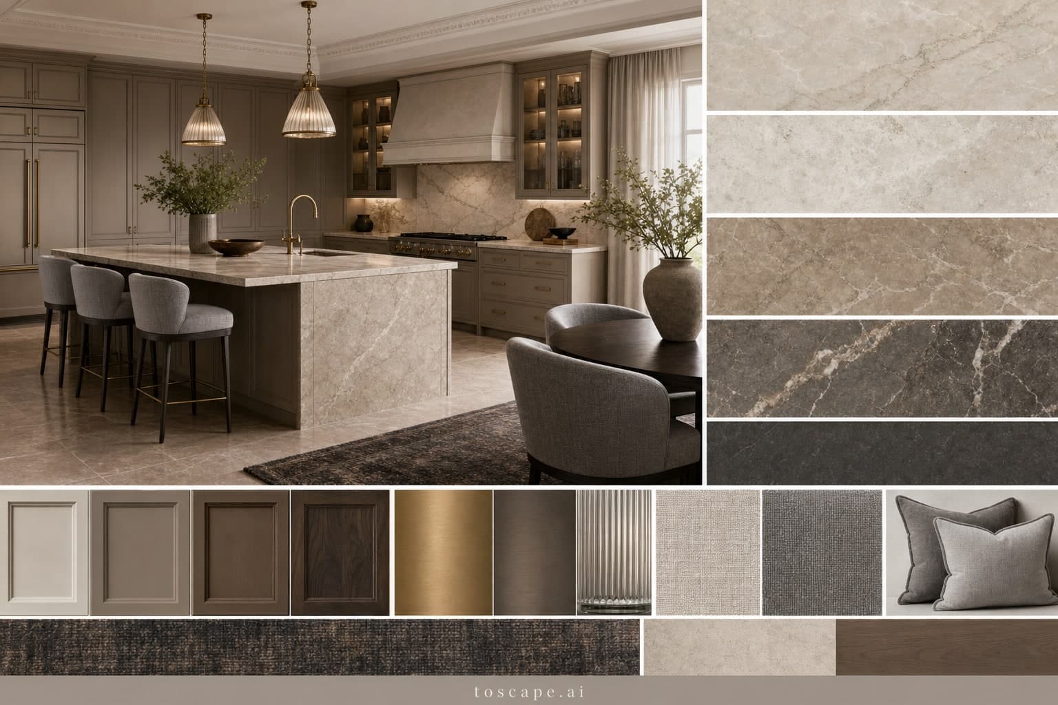 Neoclassic Earth Organic Kitchen — Honed Stone interior moodboard plate