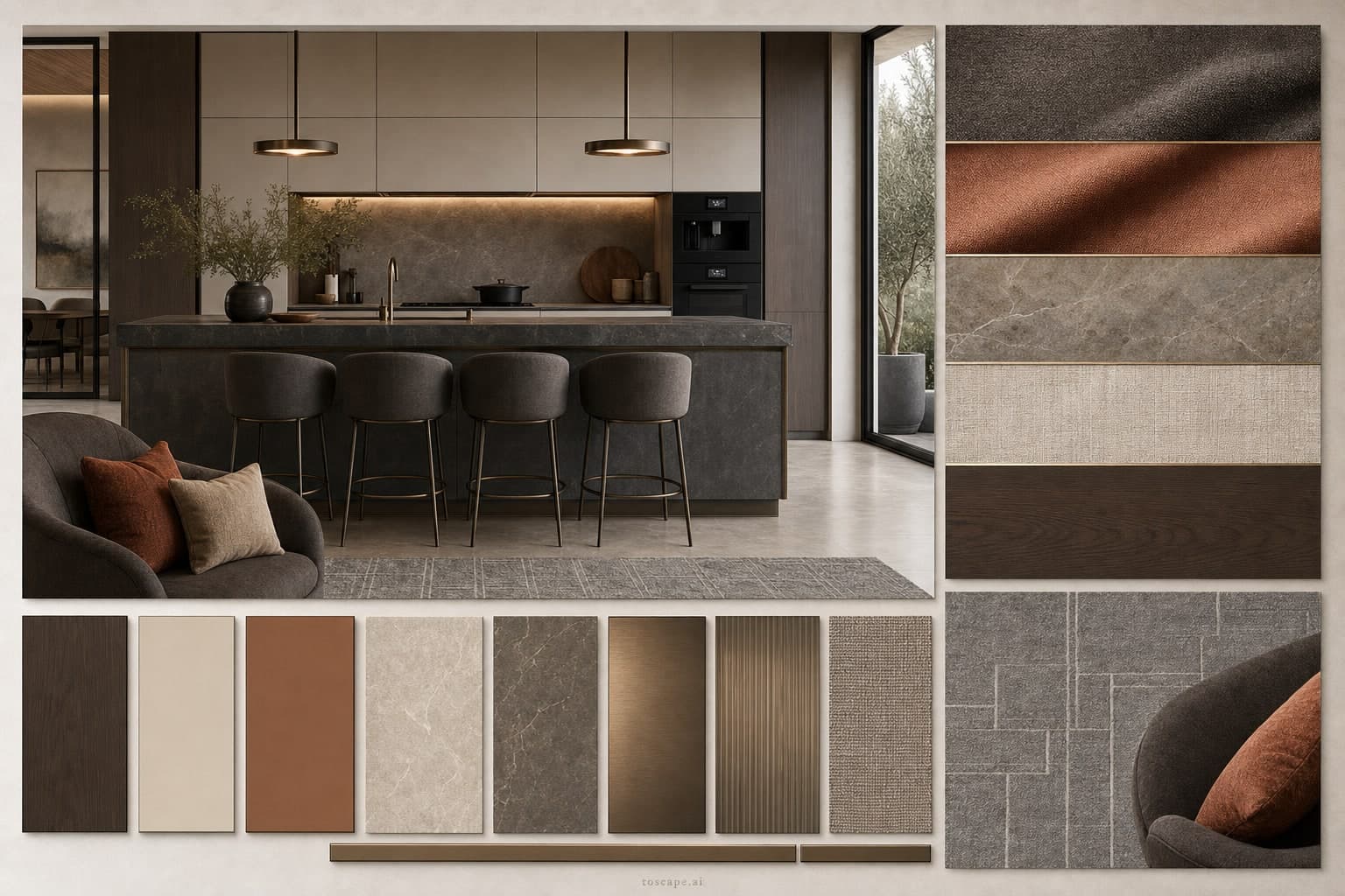 Modern Earth Organic Kitchen — Satin interior moodboard plate