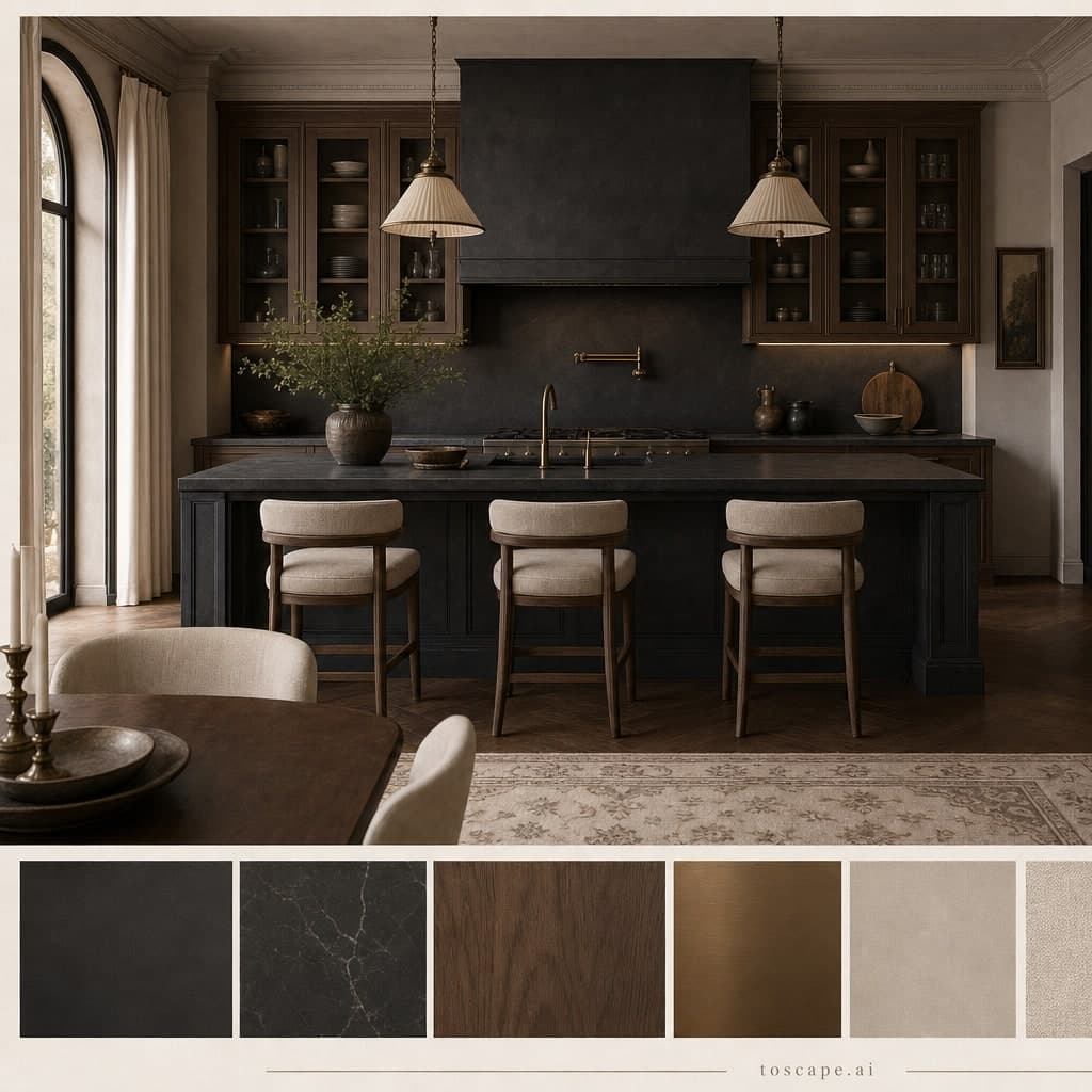 Neoclassic Dark Luxury Kitchen — Satin interior moodboard card