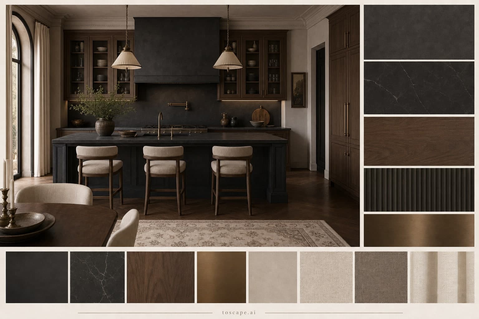 Neoclassic Dark Luxury Kitchen — Satin interior moodboard plate