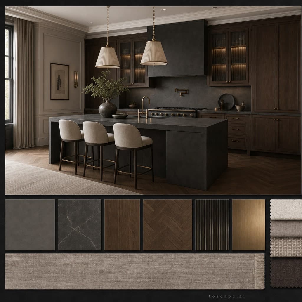 Neoclassic Dark Luxury Kitchen — Brushed Metal interior moodboard card