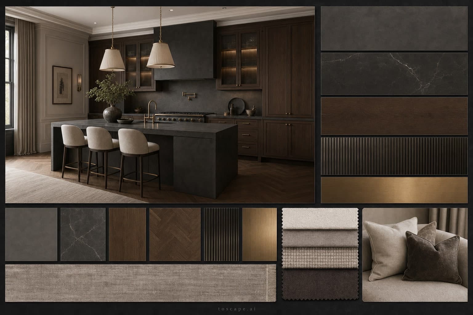 Neoclassic Dark Luxury Kitchen — Brushed Metal interior moodboard plate