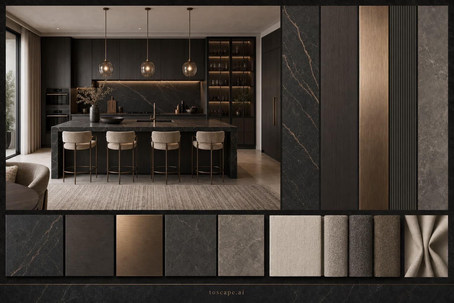 Modern Dark Luxury Kitchen — Matte interior moodboard plate