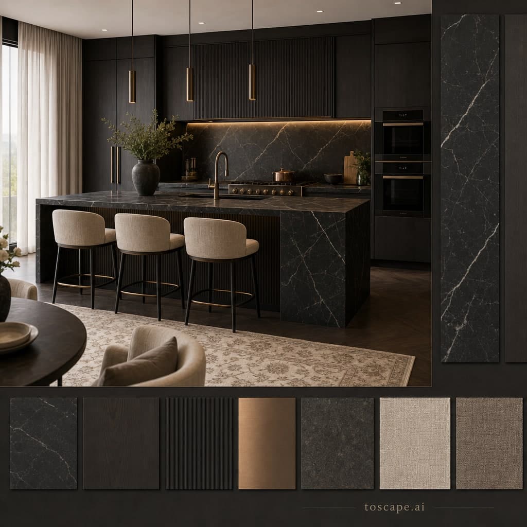 Modern Dark Luxury Kitchen — Honed Stone interior moodboard card