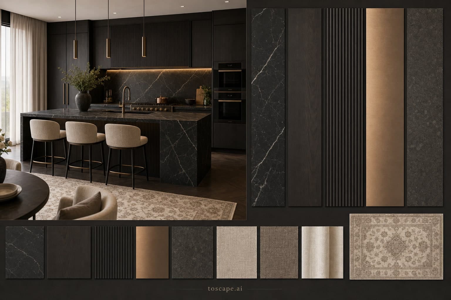 Modern Dark Luxury Kitchen — Honed Stone interior moodboard plate