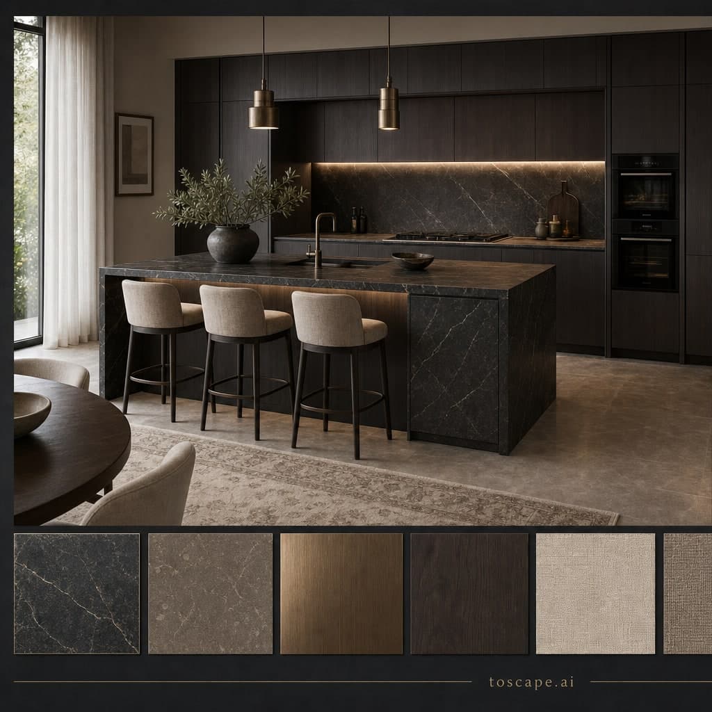 Modern Dark Luxury Kitchen — Honed Stone interior moodboard card