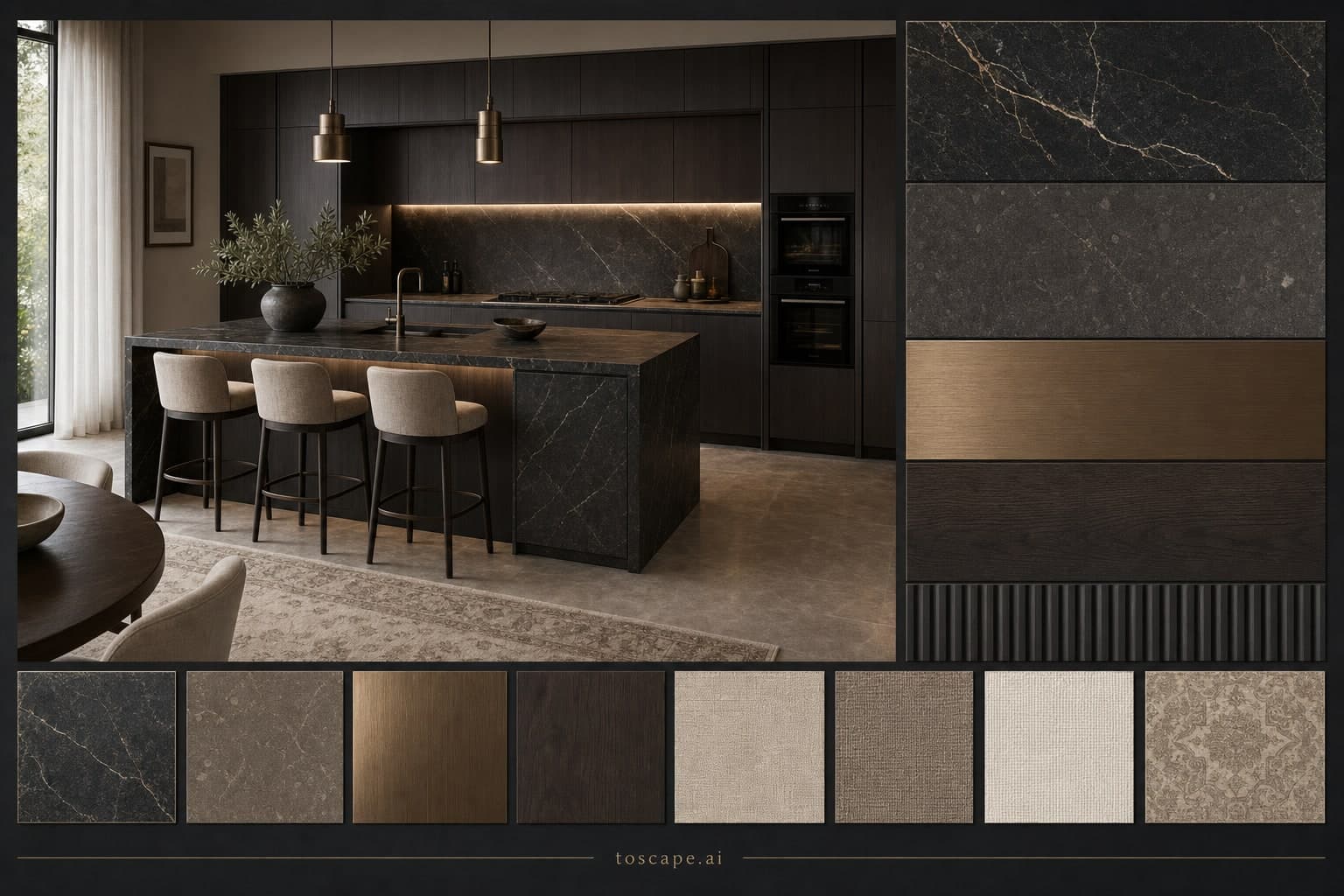Modern Dark Luxury Kitchen — Honed Stone interior moodboard plate