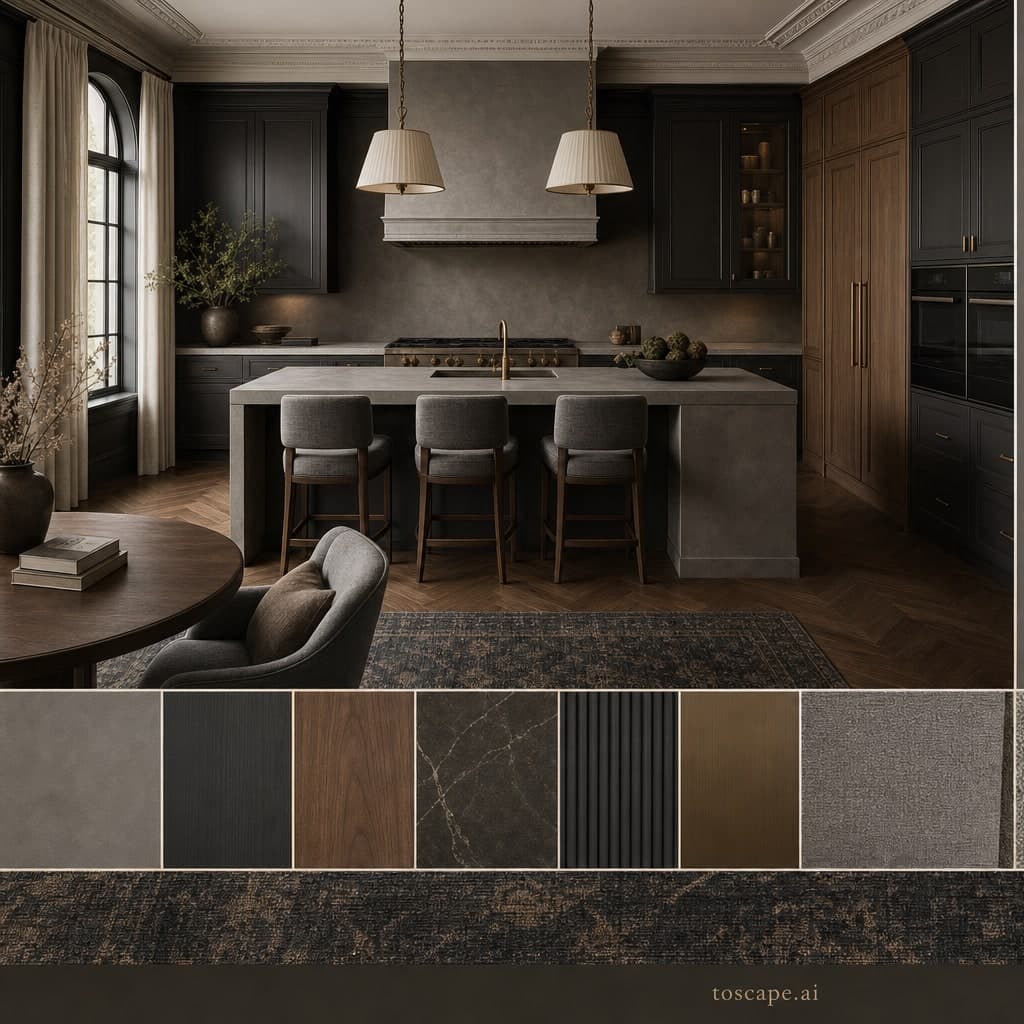 Neoclassic Dark Luxury Kitchen — Honed Stone interior moodboard card