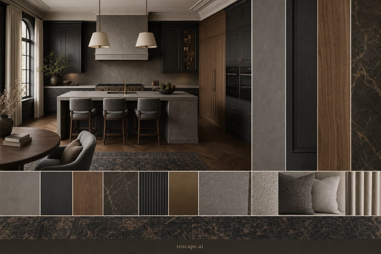 Neoclassic Dark Luxury Kitchen — Honed Stone interior moodboard plate