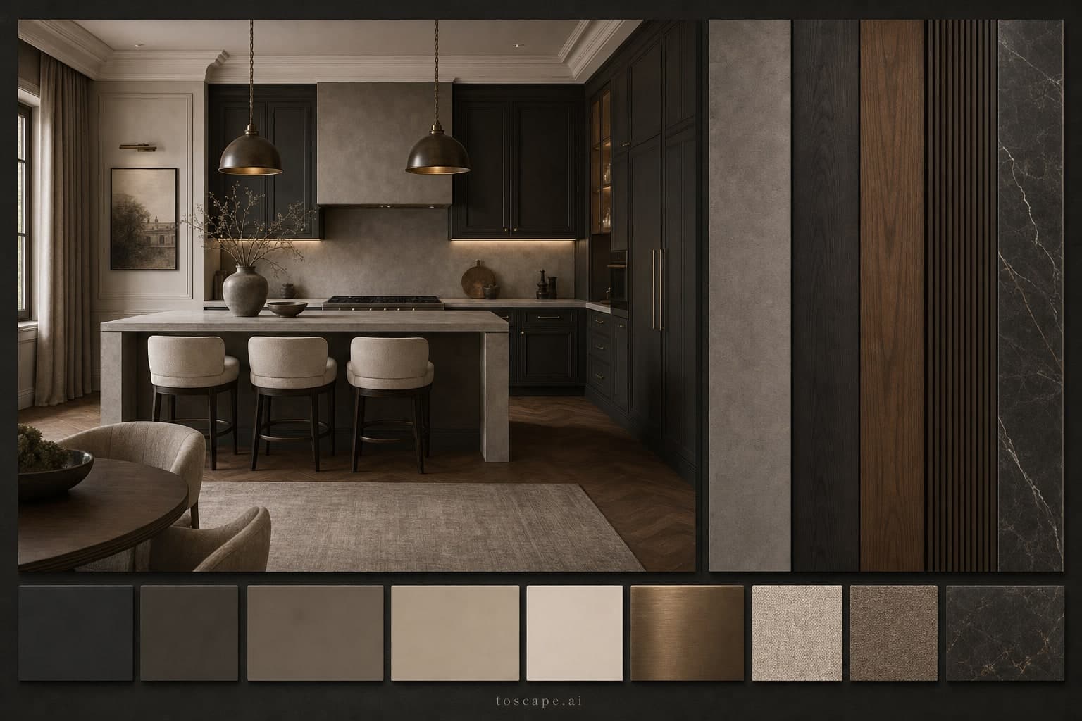 Neoclassic Dark Luxury Kitchen — Brushed Metal interior moodboard plate