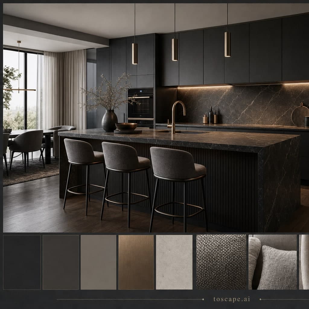 Modern Dark Luxury Kitchen — Brushed Metal interior moodboard card