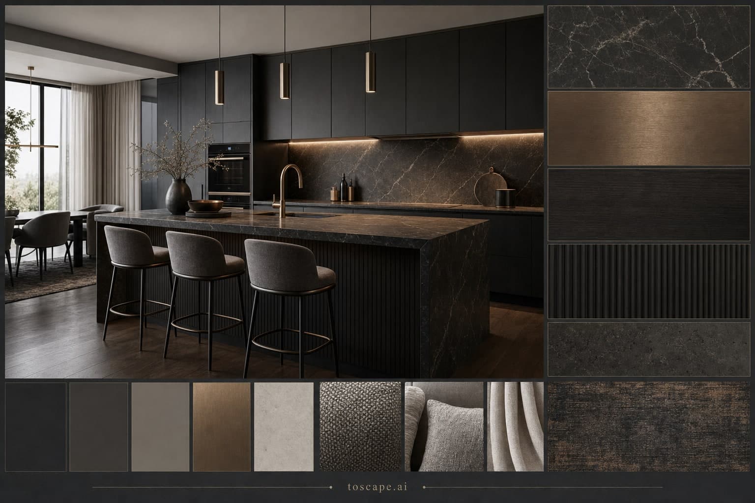 Modern Dark Luxury Kitchen — Brushed Metal interior moodboard plate