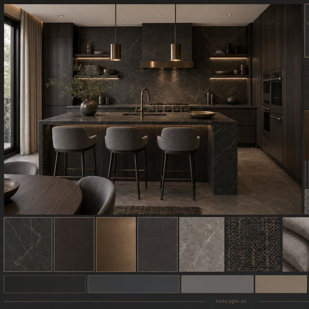 Modern Dark Luxury Kitchen — Brushed Metal interior moodboard card