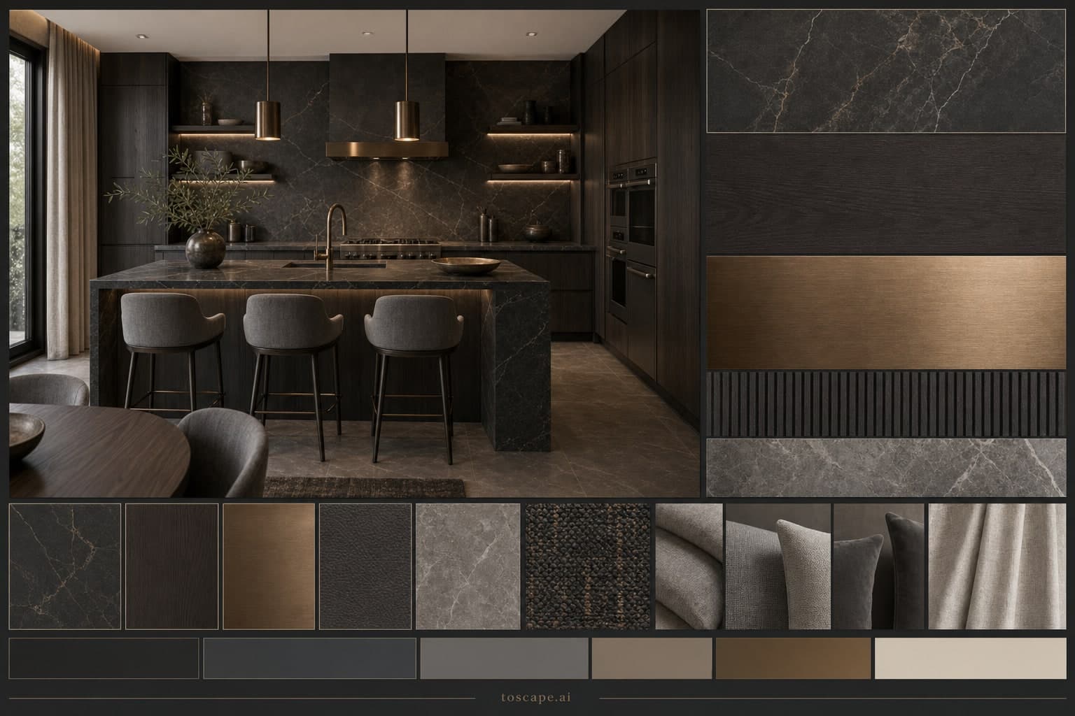 Modern Dark Luxury Kitchen — Brushed Metal interior moodboard plate