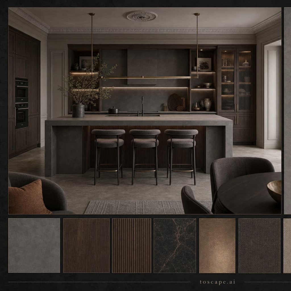 Neoclassic Dark Luxury Kitchen — Matte interior moodboard card