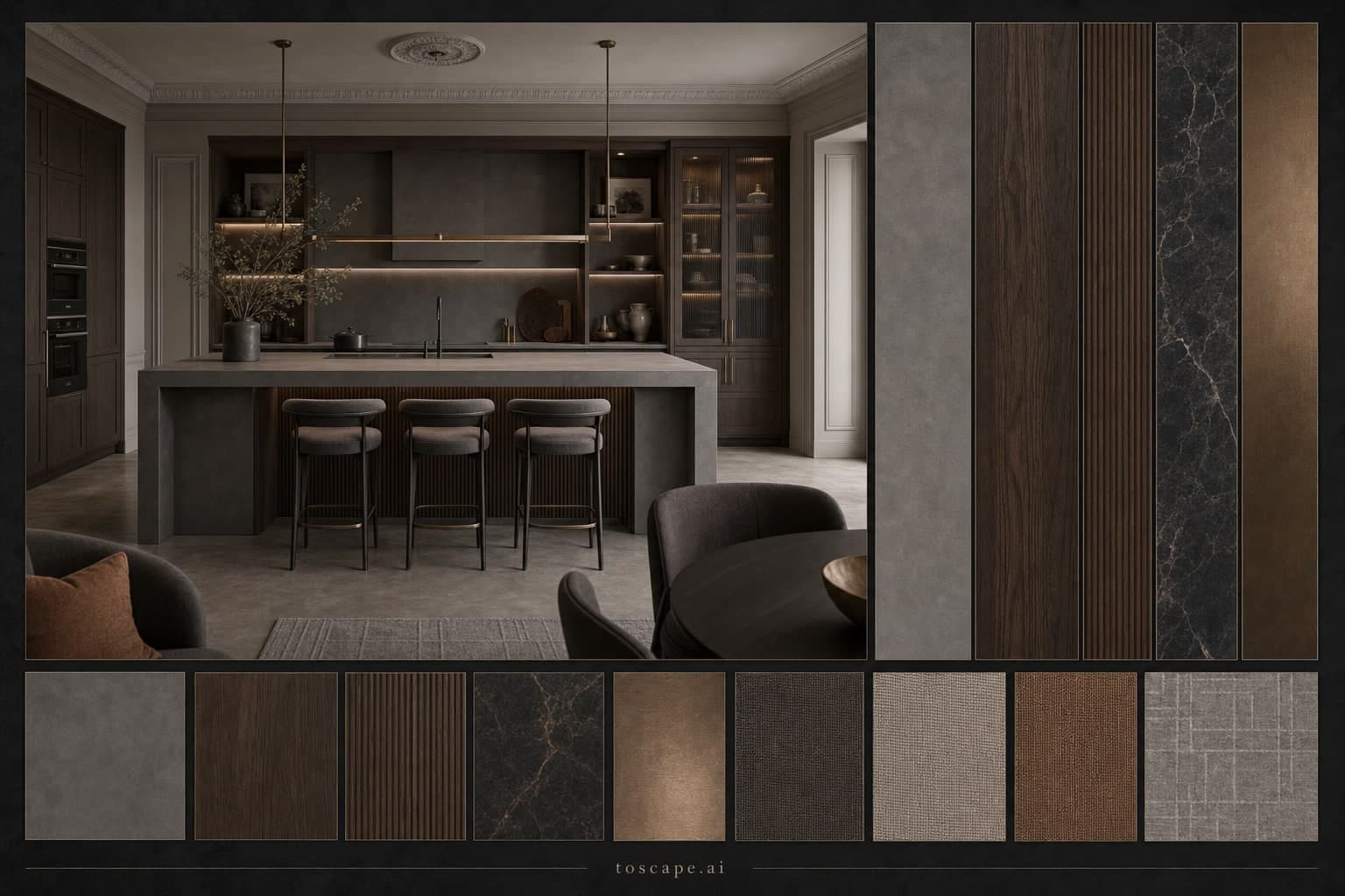 Neoclassic Dark Luxury Kitchen — Matte interior moodboard plate