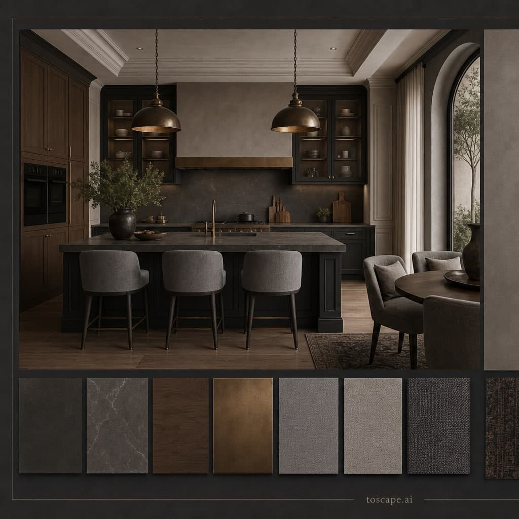 Neoclassic Dark Luxury Kitchen — Honed Stone interior moodboard card
