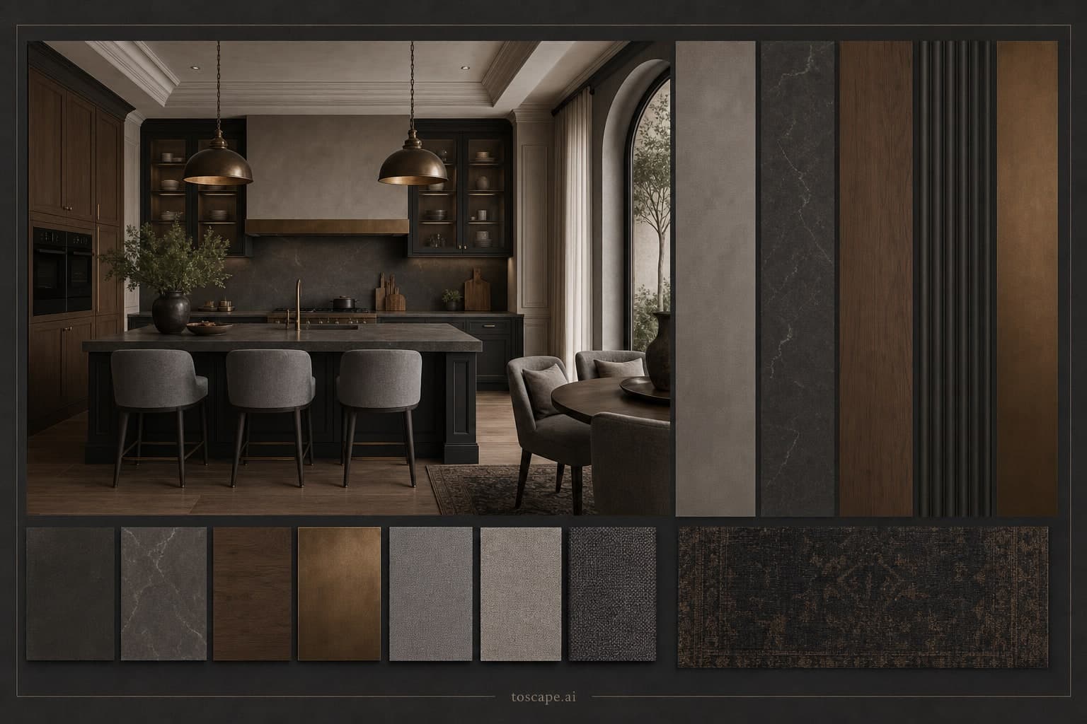 Neoclassic Dark Luxury Kitchen — Honed Stone interior moodboard plate
