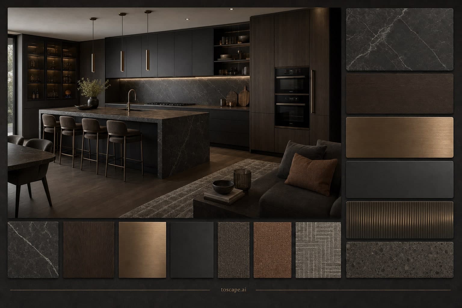 Modern Dark Luxury Kitchen — Satin interior moodboard plate