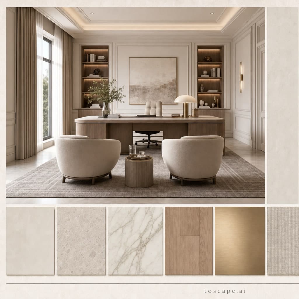 Neoclassic Light Luxury Office — Matte interior moodboard card