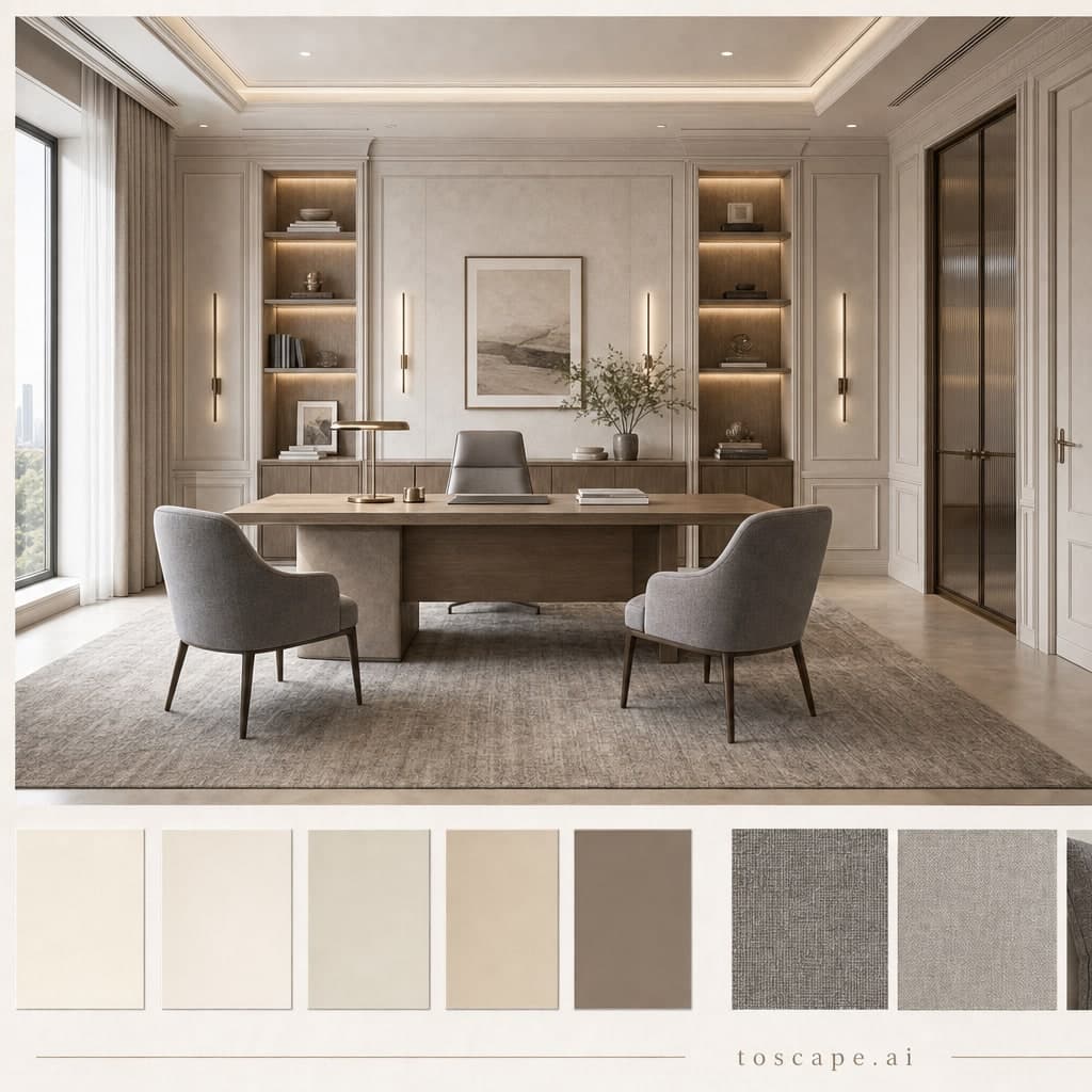 Neoclassic Light Luxury Office — Brushed Metal interior moodboard card