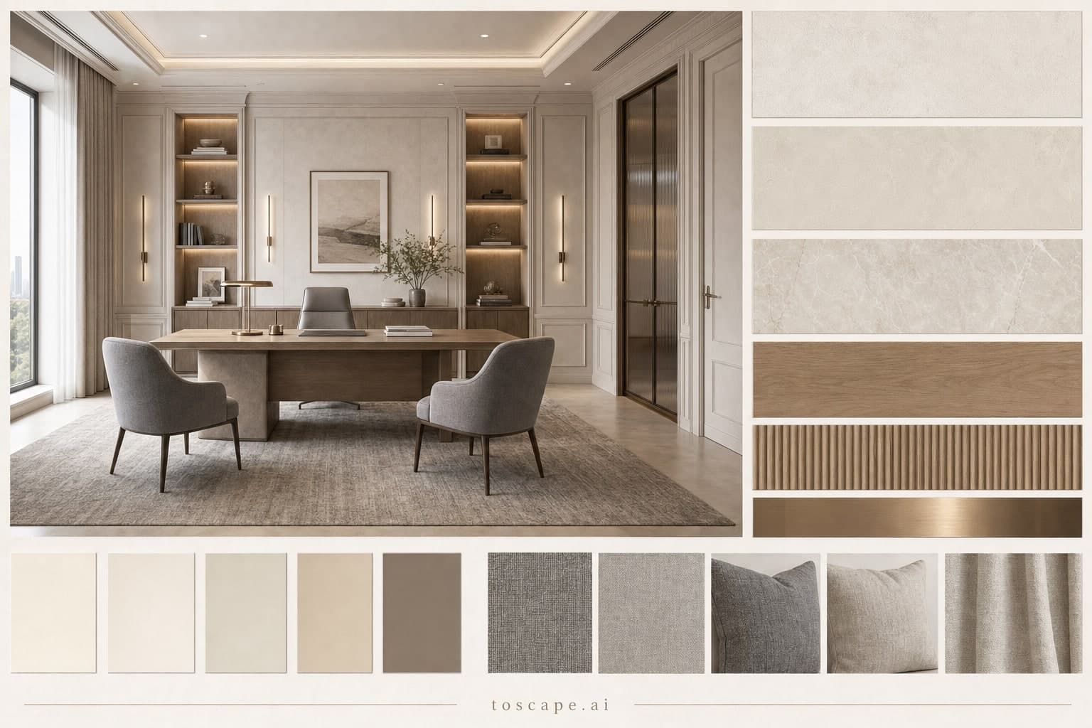 Neoclassic Light Luxury Office — Brushed Metal interior moodboard plate