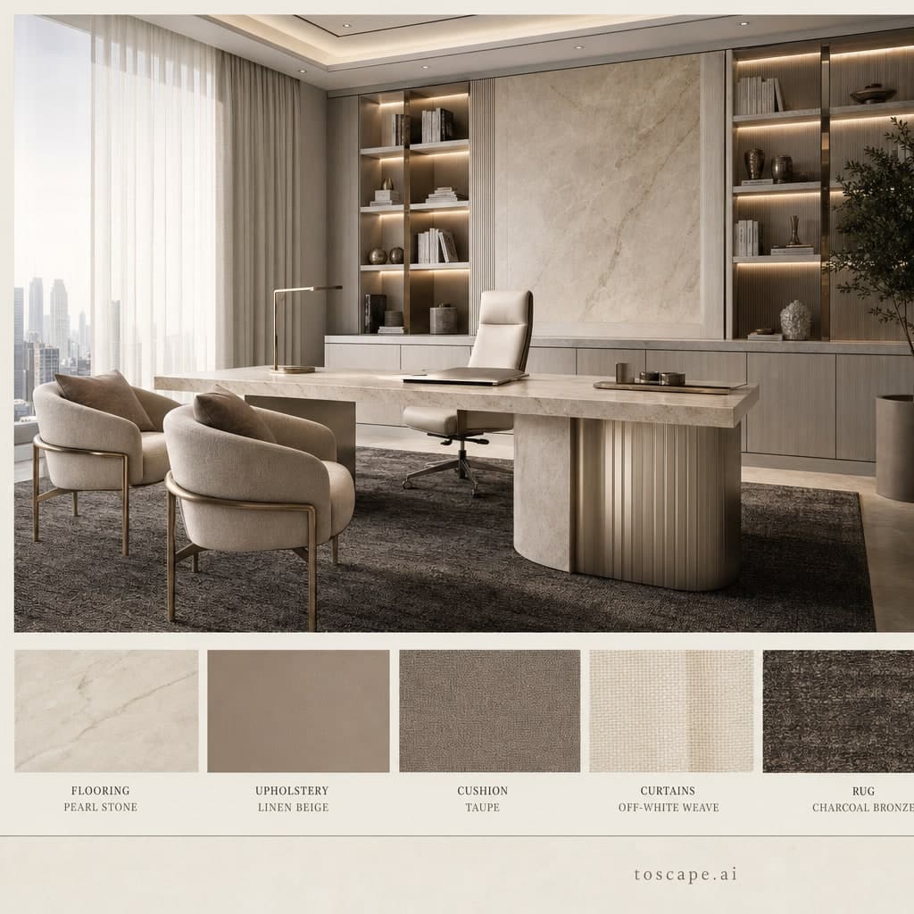 Modern Light Luxury Office — Brushed Metal interior moodboard card
