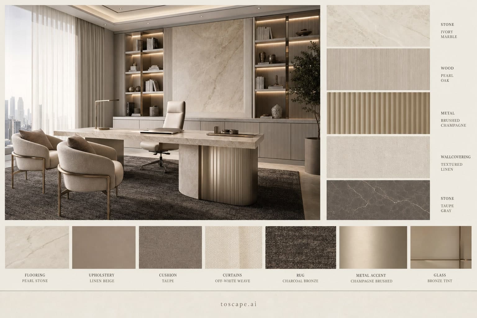 Modern Light Luxury Office — Brushed Metal interior moodboard plate