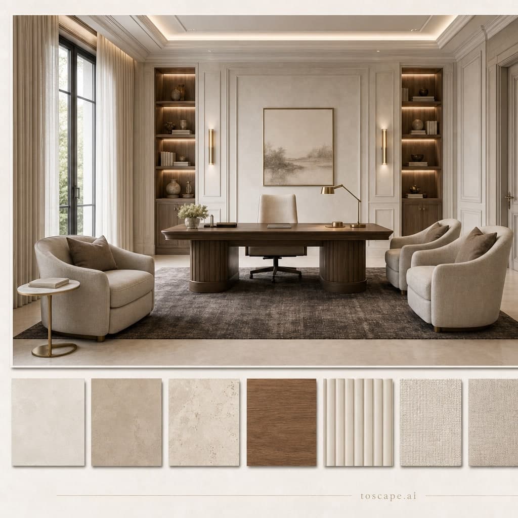 Neoclassic Light Luxury Office — Honed Stone interior moodboard card