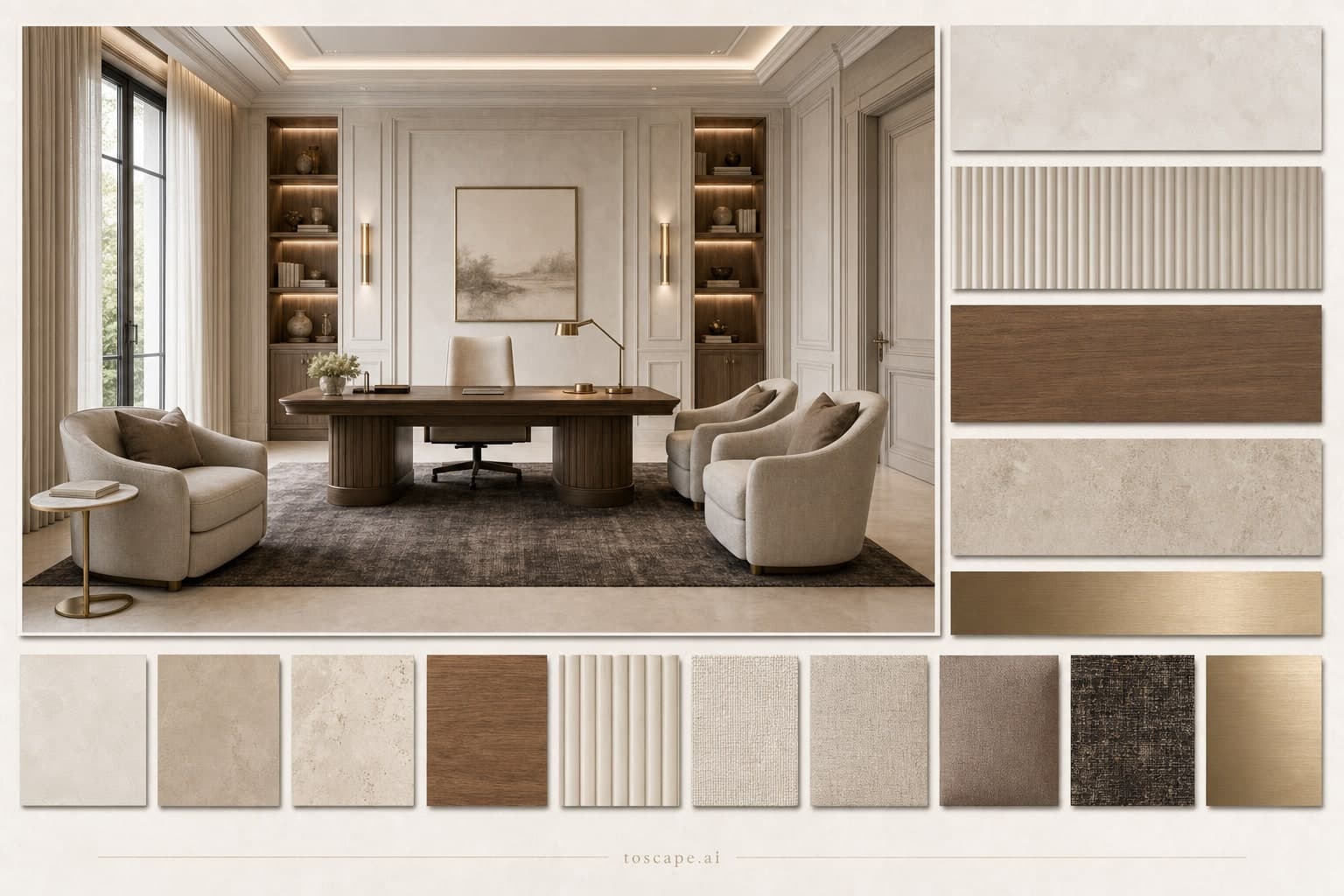 Neoclassic Light Luxury Office — Honed Stone interior moodboard plate