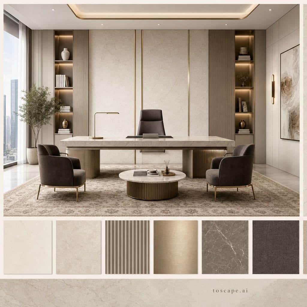 Modern Light Luxury Office — Honed Stone interior moodboard card
