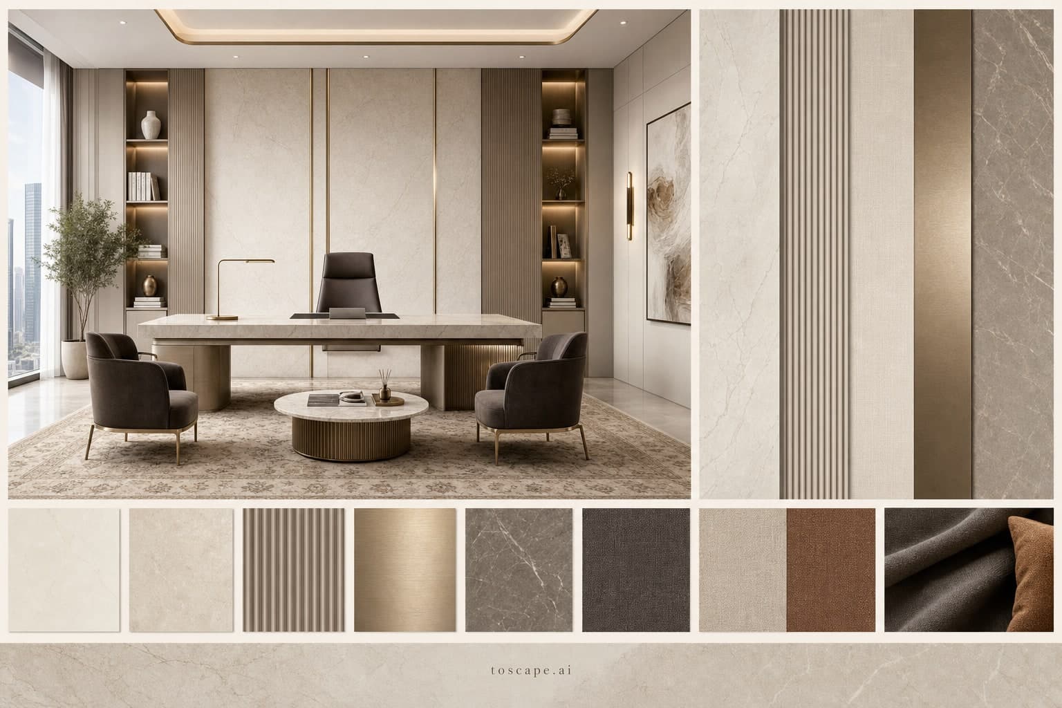 Modern Light Luxury Office — Honed Stone interior moodboard plate