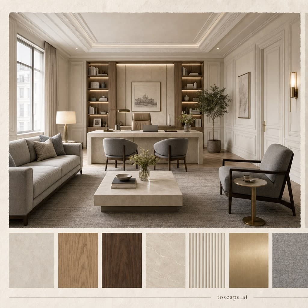 Neoclassic Light Luxury Office — Brushed Metal interior moodboard card