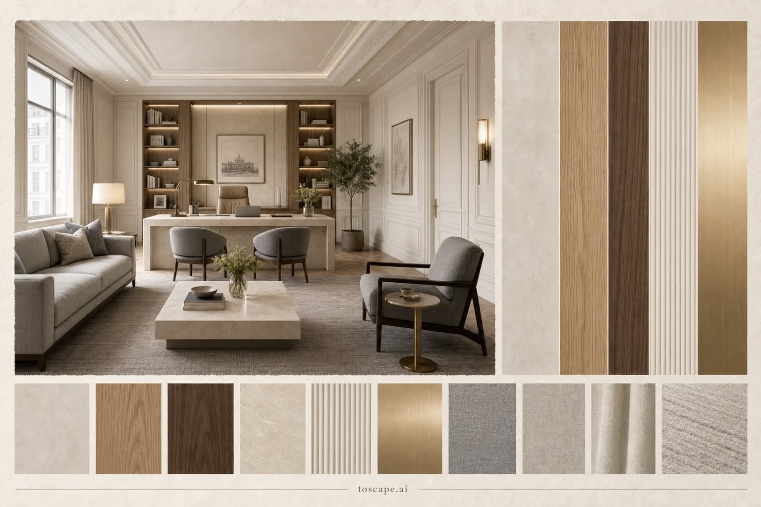 Neoclassic Light Luxury Office — Brushed Metal interior moodboard plate
