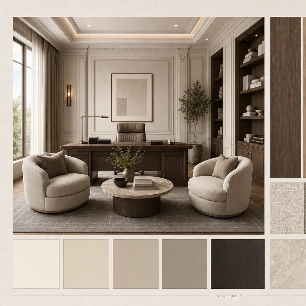 Neoclassic Warm Neutral Office — Matte interior moodboard card