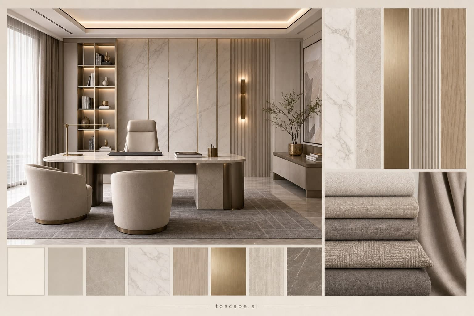 Modern Light Luxury Office — Satin interior moodboard plate