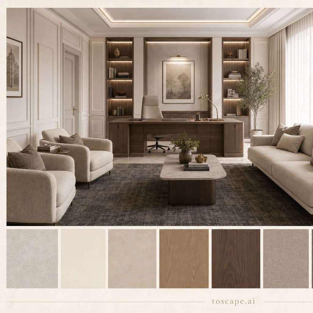 Neoclassic Light Luxury Office — Honed Stone interior moodboard card